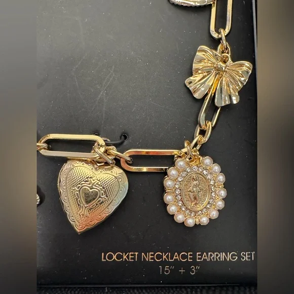 Noir charm locket necklace and earring set - Picture 3 of 7